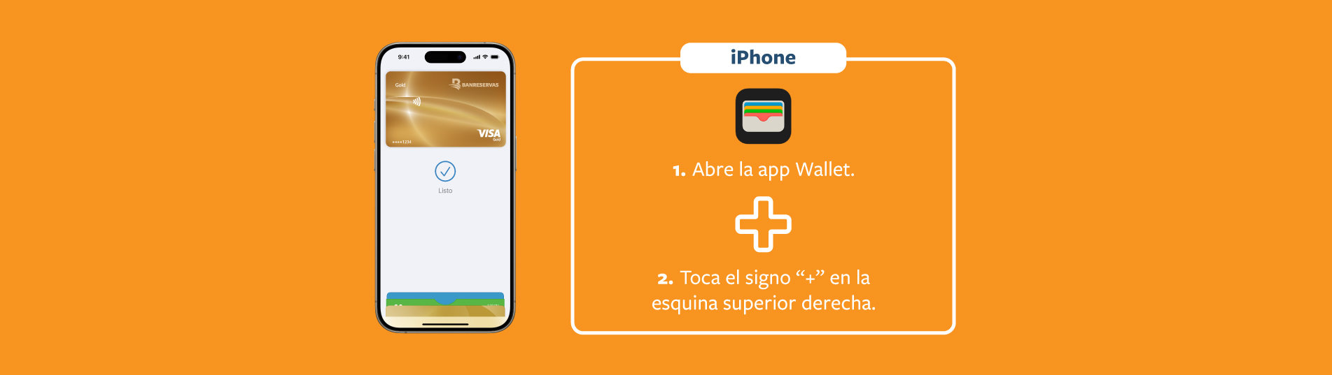 An iPhone displaying the Wallet app with instructions in Spanish for adding a card. Background is orange.