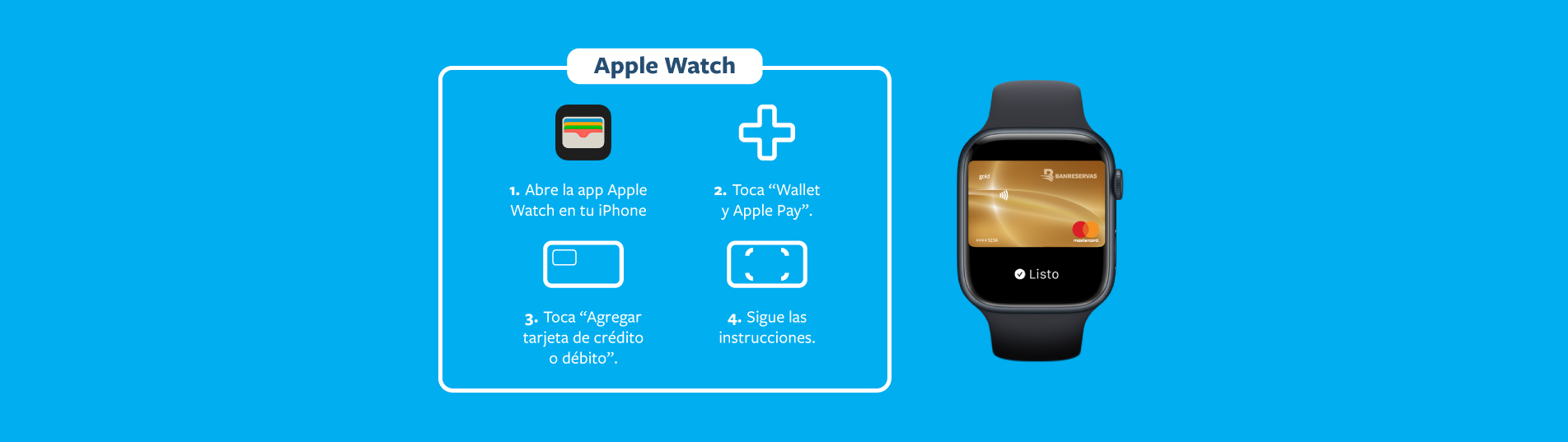 Instructions for setting up Apple Watch with Apple Pay, featuring a smartwatch displaying a credit card.